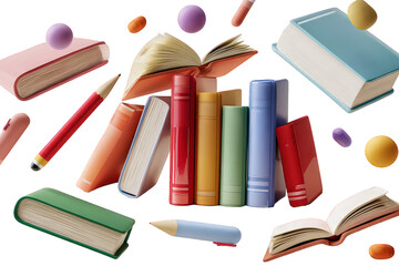 Colorful Books And Stationary In Mid-Air