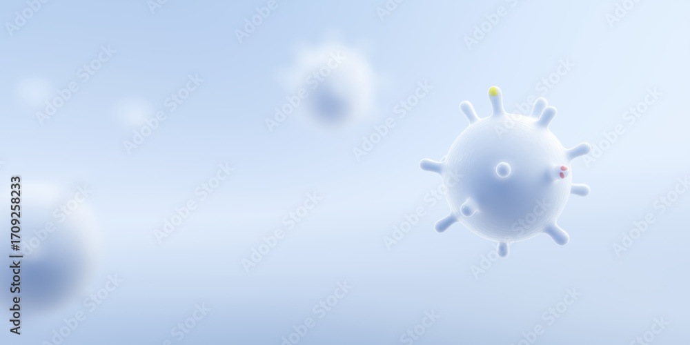 Poster abstract illustration of microscopic virus particles floating in a soft blue background, showcasing 