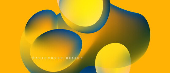 Abstract fluid shapes overlap, creating vibrant color gradients. Yellow dominates background, blue and orange accents present. Modern design element.