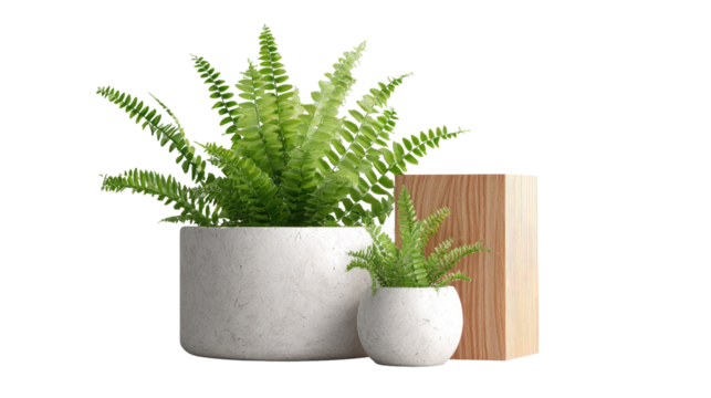Two light-colored stone plant pots, one larger than the other, holding ferns