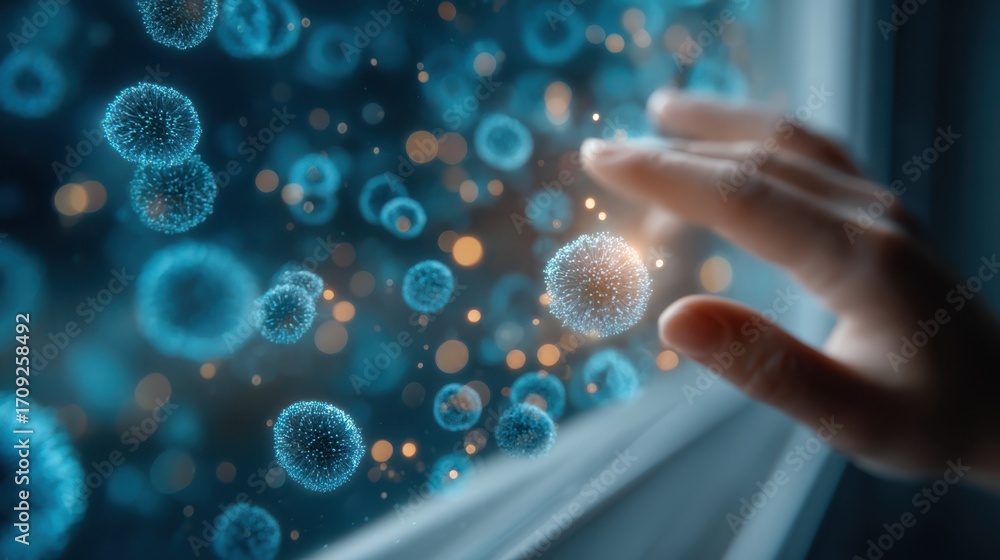 Aufkleber a hand reaches out toward floating virus-like particles, highlighting themes of infection and micros