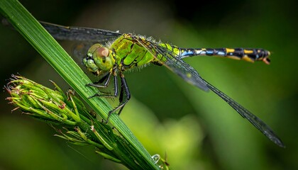 Close-up of a dragonfly perched on a blade of grass
