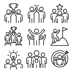 Line Art Icons Representing Teamwork Success and Achievement Concepts.