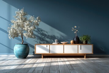 Modern, minimalist living room with wooden TV stand, plant, and muted blue walls
