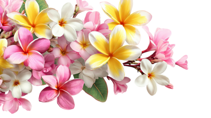 Vibrant bouquet of plumeria blossoms in pink, yellow, and white