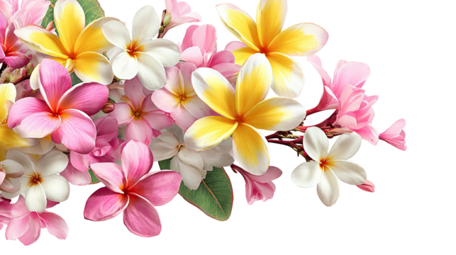 Vibrant bouquet of plumeria blossoms in pink, yellow, and white