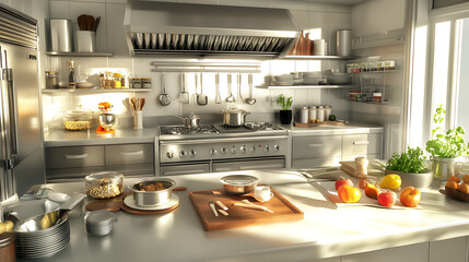 Modern kitchen featuring stainless steel appliances, wooden cutting board, fresh fruits, and organized shelves filled with kitchenware
