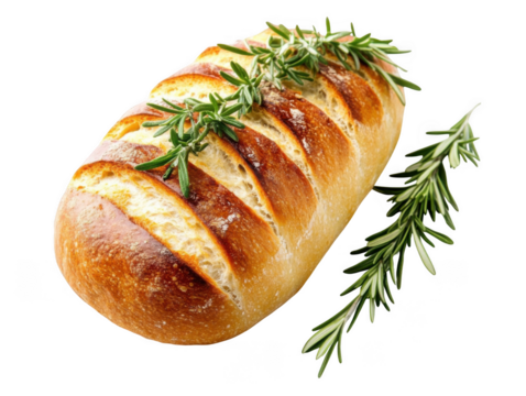A loaf of bread with slits on top and rosemary sprigs on a black background in a close up shot