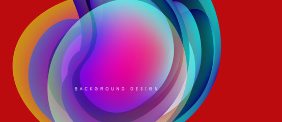 Abstract colorful layers create dynamic visual effect. Red background emphasizes vibrant circular design, modern aesthetic.
