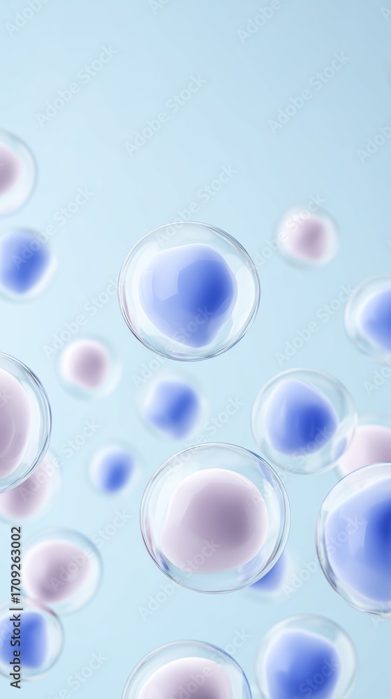 Poster colorful translucent bubbles floating in a soft blue background, creating a serene and dreamy atmosp