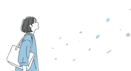 Young woman looks up hopefully with shopping bag, clean and modern aesthetic with a hopeful feeling