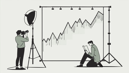 Photographer taking photo of person reviewing growth chart in studio.