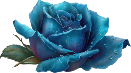 Closeup of a Blue Rose with Water Droplets on Transparent Background