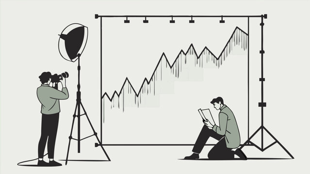 Photographer taking photo of person reviewing growth chart in studio.