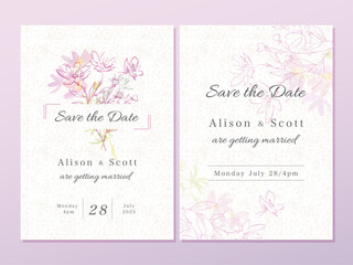 Wedding invitation card template set with minimal line art, abstract cosmos flowers, leaves and wild flowers painted in watercolor. Hand drawn vector card set with flowers for fall season.