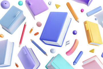 Colorful Books And Stationery Flying In Air