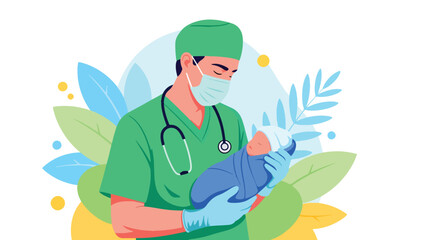 Adobe illustrator artwork vector illustration. A masked doctor or nurse wearing a stethoscope and gloves holds a sleeping newborn baby, surrounded by soft foliage