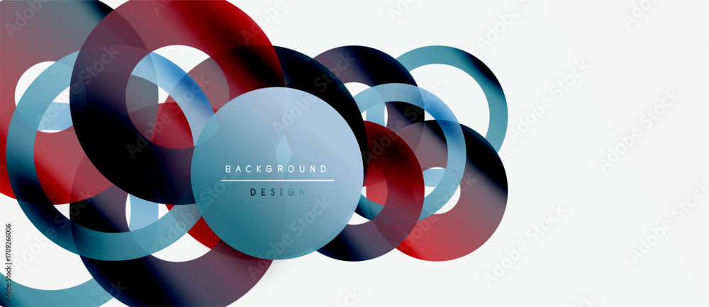 Poster abstract circles overlap, creating dynamic visual effect. red, blue hues dominate white space. moder