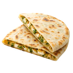 Two halves of stuffed flatbread with egg and herbs on a white background chopped