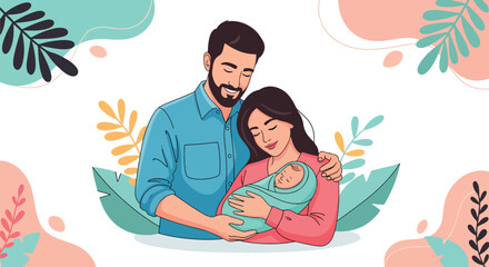 Adobe illustrator artwork vector illustration. A young, happy couple with closed eyes, embracing and holding their sleeping newborn baby, surrounded by elegant, decorative foliage