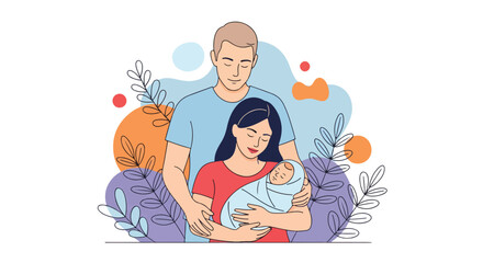 Adobe illustrator artwork vector illustration. A young, happy couple with closed eyes, embracing and holding their sleeping newborn baby, surrounded by elegant, decorative foliage