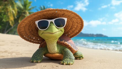 Turtle with hat and sunglasses on sunny beach. Suitable for summer designs, childrens books, and vacationthemed projects. Ideal for beachthemed graphics.