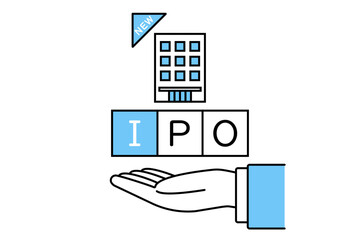 株式を上場する企業のビルとIPOの文字を掲げるスーツを着た男性の手