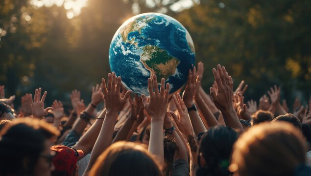 Crowd, earth globe aloft outdoors in bright sunlight, ideal for global unity, climate change, environmental activism, social movements visuals.