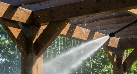 Wooden pergola cleaning with high pressure washer