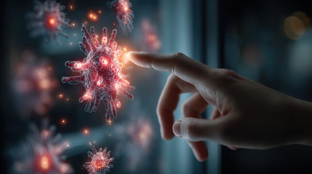 A hand reaches out to touch a glowing, microscopic virus particle, symbolizing the interaction between humans and infectious pathogens.
