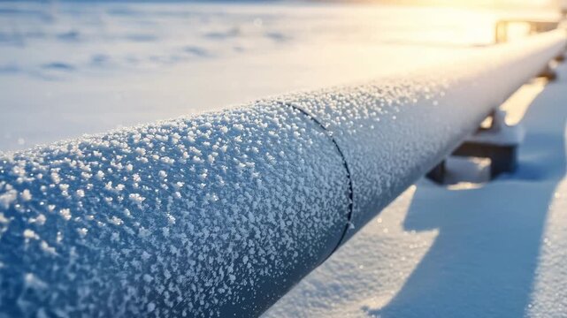 Winter gas pipeline covered with frost gradually appears in snowy landscape at sunset, concept supply in cold climate.