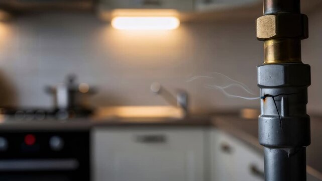 Gas pipe leaking smoke from crack in kitchen with blurred cabinets, a dangerous home situation video.