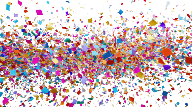 Colorful, fragmented shapes explode across transparent background