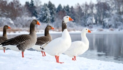 Geese in snowy park by frozen lake