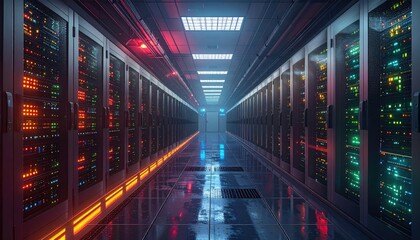 Fototapeta premium Data Center Server Room with Rows of Lit Servers and Network Cables in Blue and Orange Light