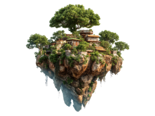 Lush green trees and rustic village nestled on a rocky floating island cliff, Isolated, Png Transparent Background
