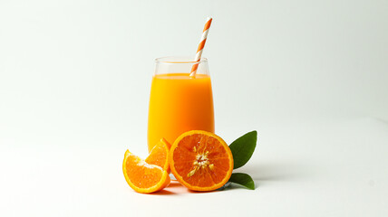 A large glass of fresh orange juice surrounded by orange slices on a white background
