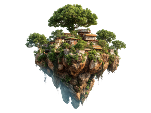 Lush green trees and rustic village nestled on a rocky floating island cliff, Isolated, Png Transparent Background