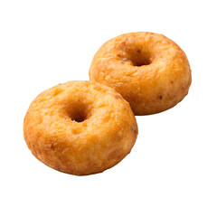 Two Plain Fried Doughnuts with Small Dark Specks on Black Background donuts sweet