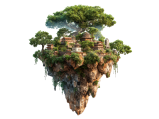 Ancient village nestled on a verdant floating island architecture, Isolated, Png Transparent Background