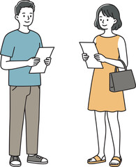 Young man and woman holding documents standing together illustration in flat style with casual clothes for education and office projects