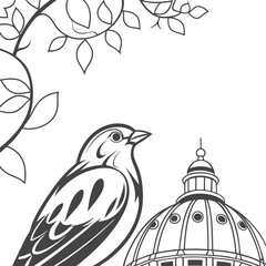 Elegant bird perched near a historic building dome with leafy branches in a simple, clean design