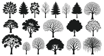 Diverse tree silhouettes collection perfect for elegant logo design, branding, and nature-themed illustrations