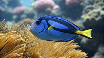 Fototapeta premium Close Up of Blue Tang Fish Swimming in Sea Anemone with Yellow Tail for Tropical Ocean Life