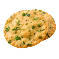 Two Round Golden Flatbreads with Chopped Green Herbs baked crispy