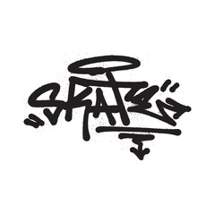 Stylized black graffiti tag of the word 'SKATE' with a halo, created with a spray paint effect on a white background.