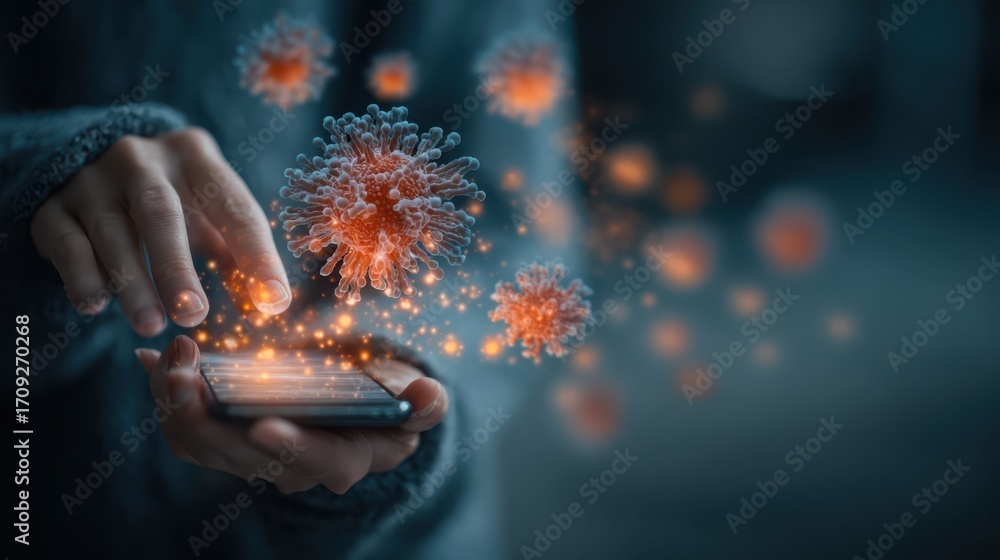 Aufkleber a person interacts with a smartphone displaying digital virus particles, symbolizing the spread or d