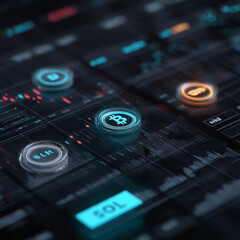Obraz premium Futuristic Cryptocurrency Interface Displaying Real-time Market Analysis and Trading Data