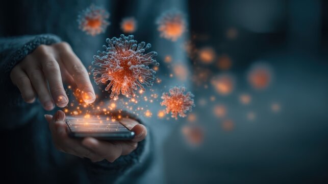 A person interacts with a smartphone displaying digital virus particles, symbolizing the spread or detection of a virus through technology.