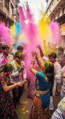 People Celebrating Holi with Colorful Powder
